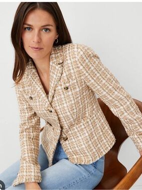 Ann Taylor Beige and Cream Tweed Button-Front Blazer